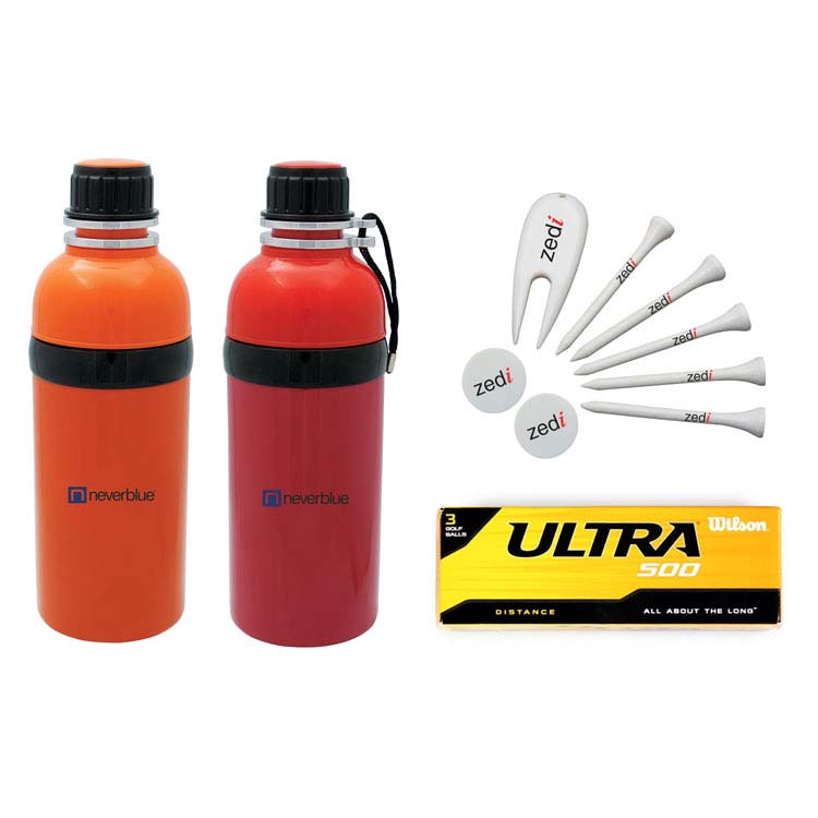Golf package with colored stainless steel sport bottle