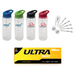 Golf package with sports plastic bottle and accessories inserted