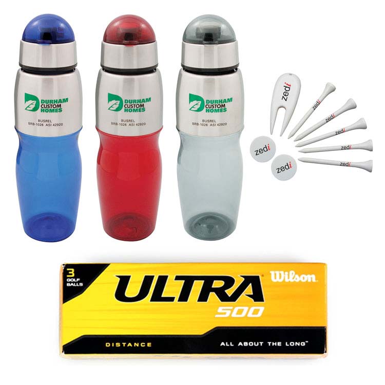 Golf package with sports plastic bottle