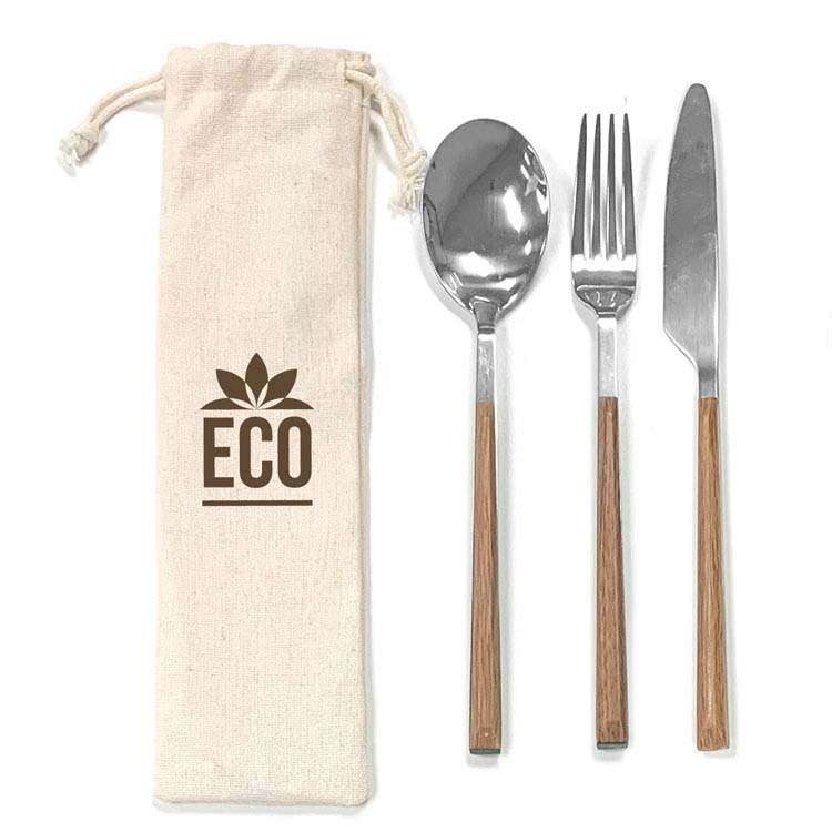 Faux Wood Grain Stainless Steel Cutlery Set in Pouch