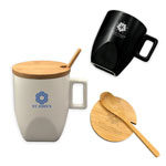 Ceramic Mug with Bamboo Lid and Spoon 10 oz