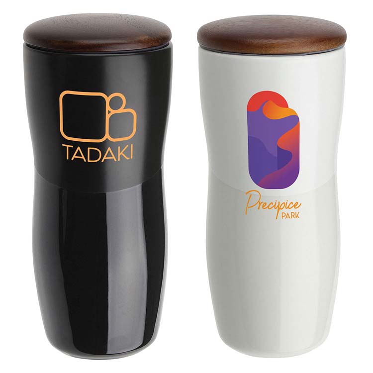 Gobelet en céramique à double paroi Adriano 12 oz avec couvercle en bois