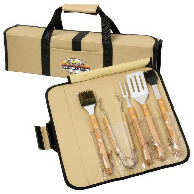 5 Piece Bamboo BBQ Set in Roll-Up Case