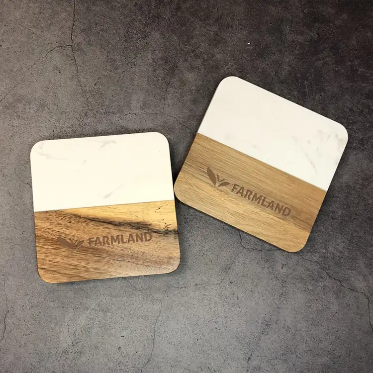 Set of 2 Round Marble and Wood Coaster