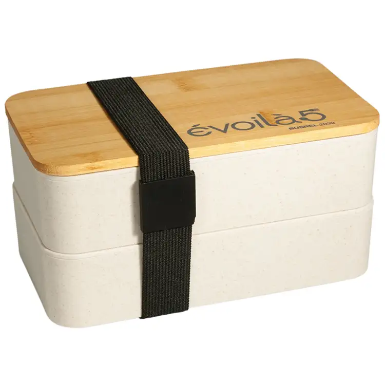 Boîte à lunch Bento double avec couvercle en bambou #2