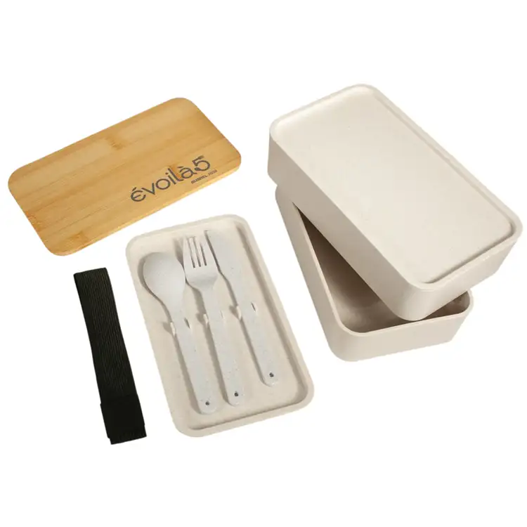 Boîte à lunch Bento double avec couvercle en bambou #5