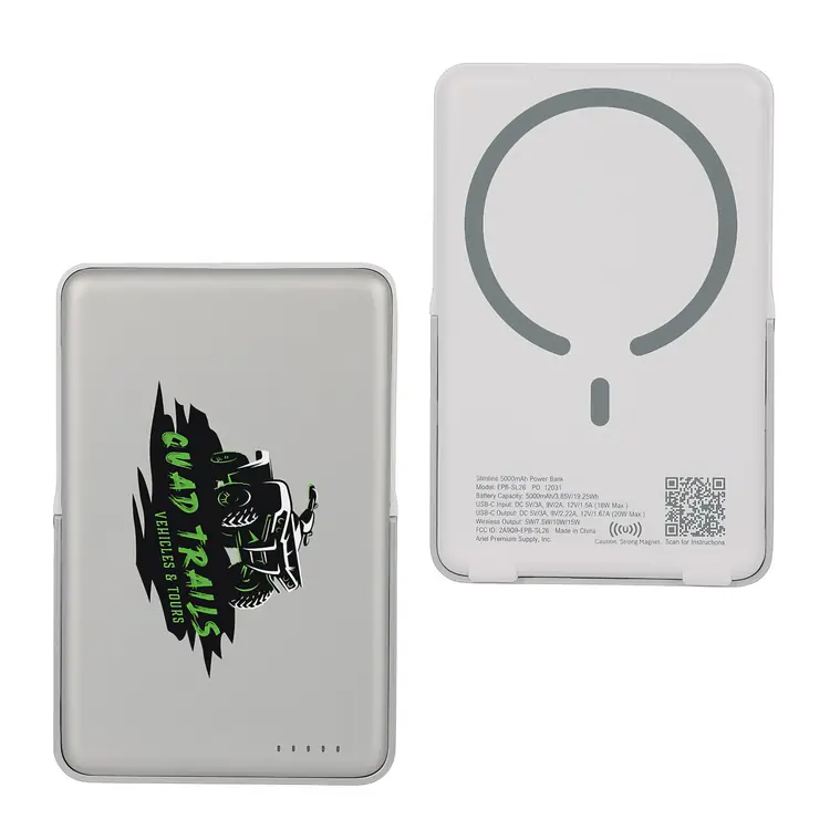Slimline 5000mAh 20W PD Aluminum Power Bank with 15W Magnetic Wireless Charger & Stand