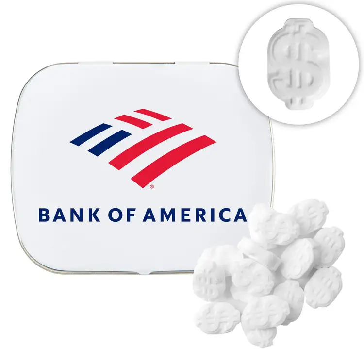 Boîte bombée avec menthes en forme du symbole dollar
