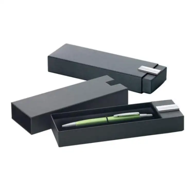 Boîte coulissante noire pour stylo avec accent argenté
