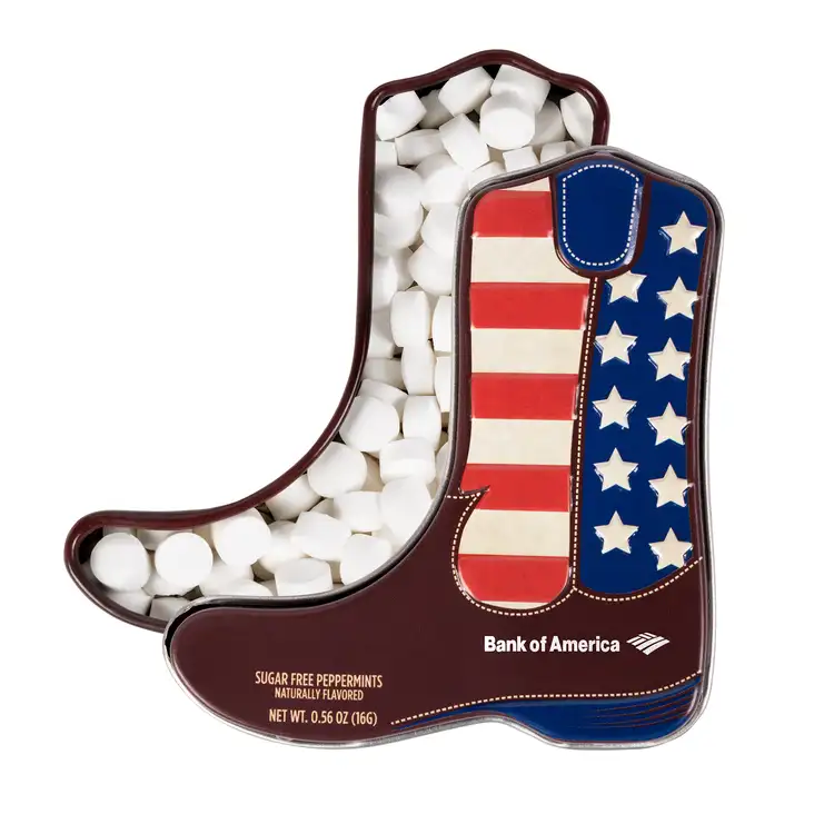 Boîte de menthes botte western motif américain