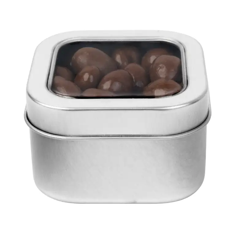 Boîte métallique à fenêtre de arachides enrobées de chocolat 2-1/2 po #2