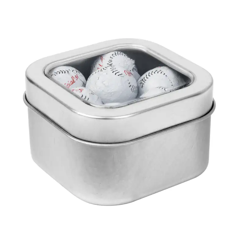Boîte métallique à fenêtre de chocolats en forme de balle de baseball 2-1/2 po #2