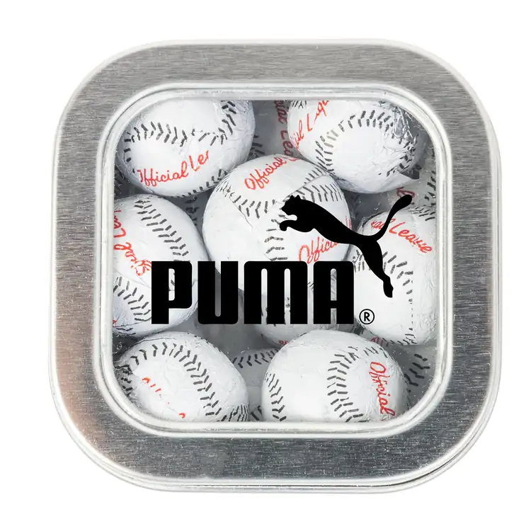 Boîte métallique à fenêtre de chocolats en forme de balle de baseball 2-1/2 po #3
