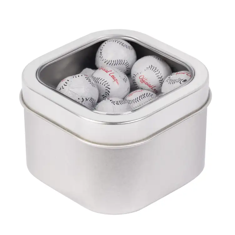 Boîte métallique à fenêtre de chocolats en forme de balle de baseball 3 po #2