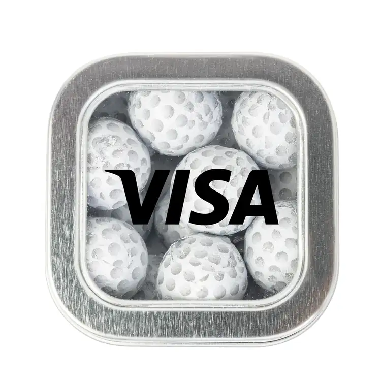 Boîte métallique à fenêtre de chocolats en forme de balle de golf 2-1/2 po #3