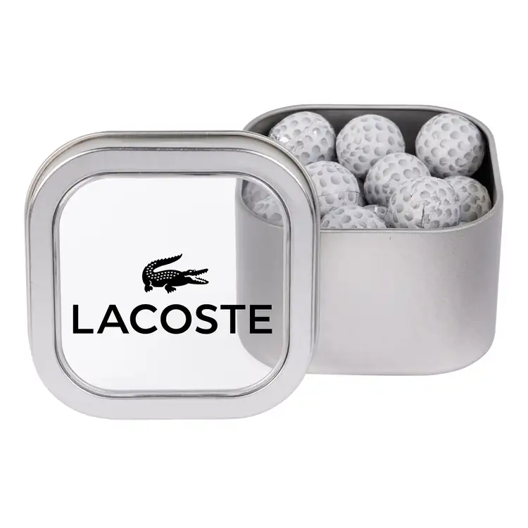 Boîte métallique à fenêtre de chocolats en forme de balle de golf 3 po