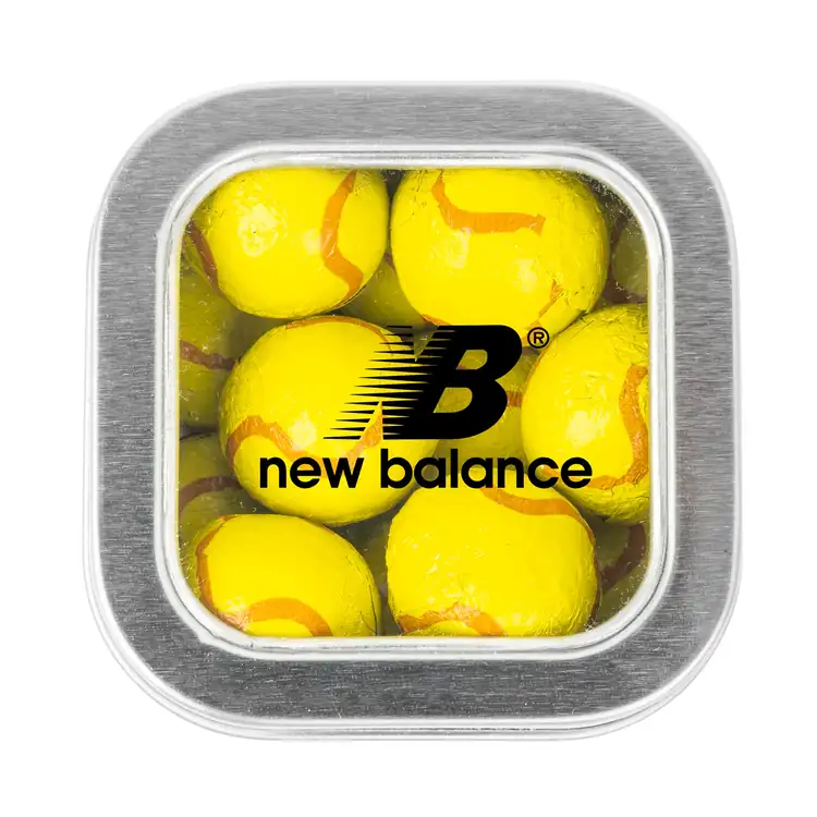 Boîte métallique à fenêtre de chocolats en forme de balle de tennis 2-1/2 po #3