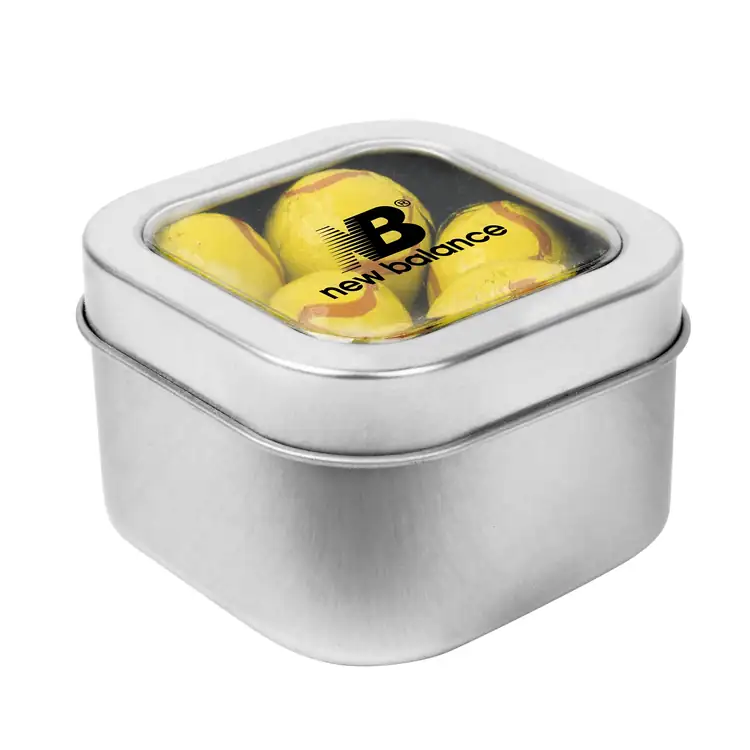 Boîte métallique à fenêtre de chocolats en forme de balle de tennis 2-1/2 po #4