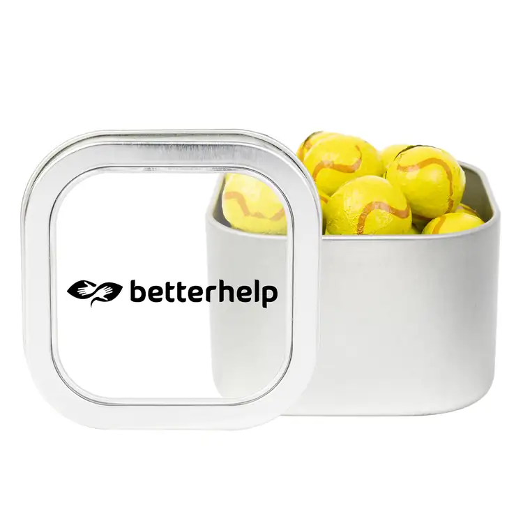Boîte métallique à fenêtre de chocolats en forme de balle de tennis 3 po