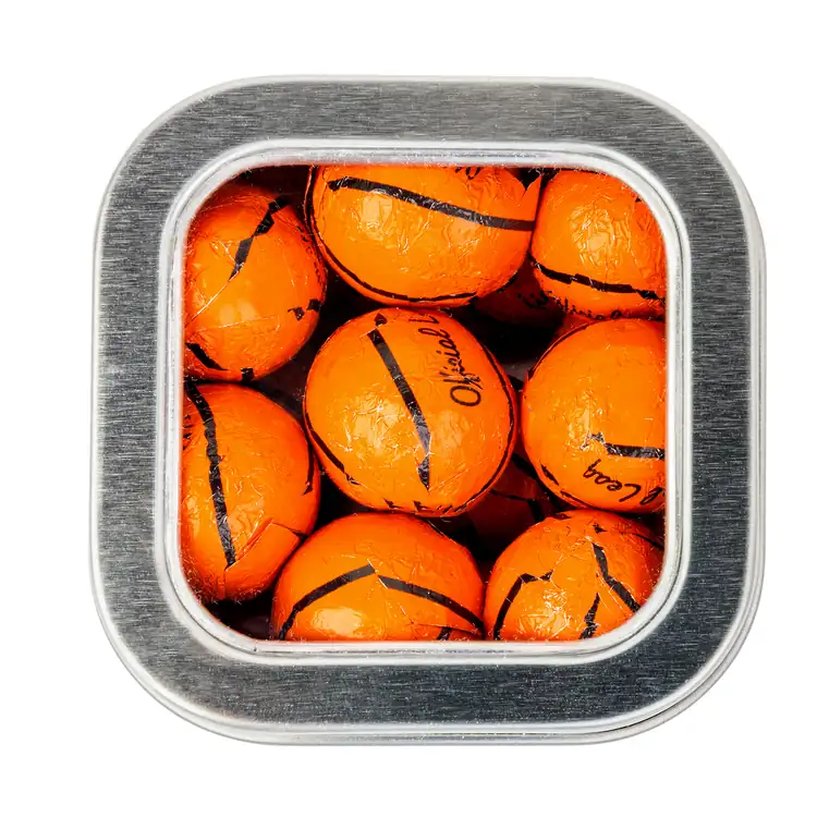 Boîte métallique à fenêtre de chocolats en forme de ballon de basketball 2-1/2 po #2