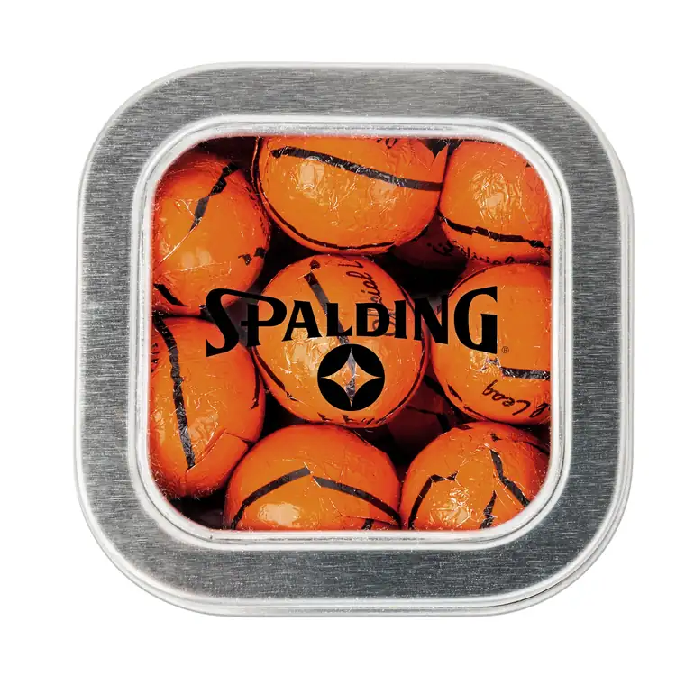 Boîte métallique à fenêtre de chocolats en forme de ballon de basketball 2-1/2 po #3