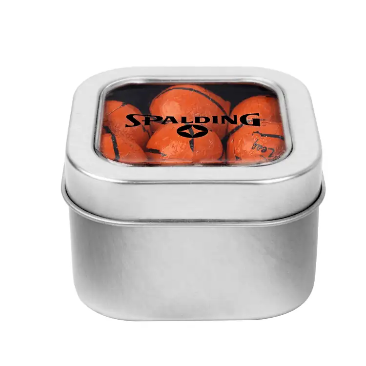 Boîte métallique à fenêtre de chocolats en forme de ballon de basketball 2-1/2 po #4