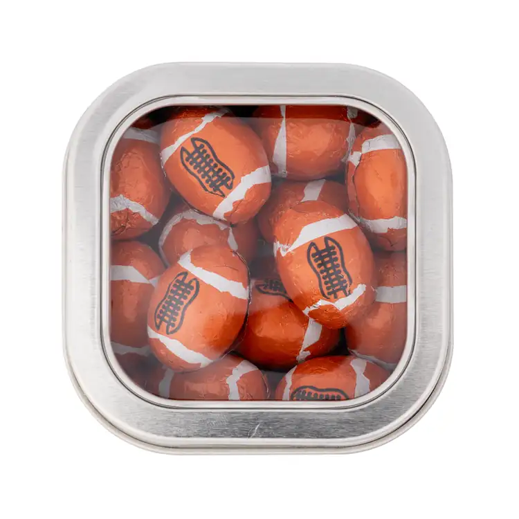 Boîte métallique à fenêtre de chocolats en forme de ballon de football 3 po #2