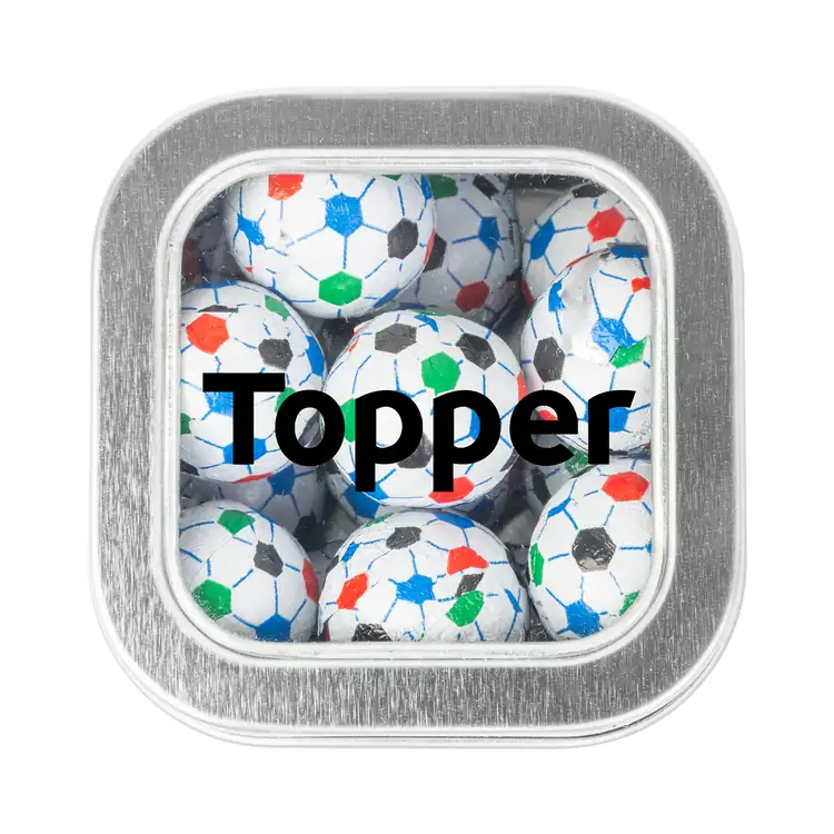 Boîte métallique à fenêtre de chocolats en forme de ballon de soccer 2-1/2 po #3