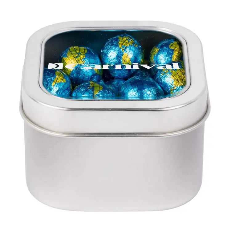 Boîte métallique à fenêtre de chocolats en forme de globe 3 po #4