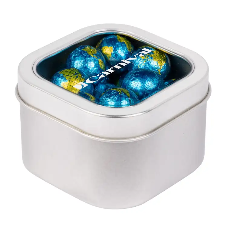Boîte métallique à fenêtre de chocolats en forme de globe 3 po #5