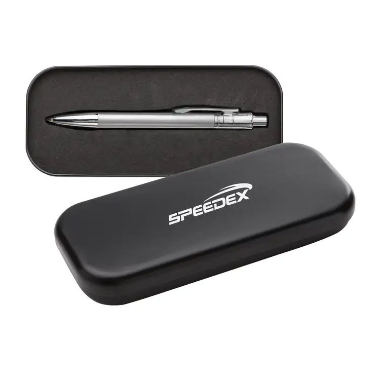 Boîte métallique pour un stylo avec insertion en mousse