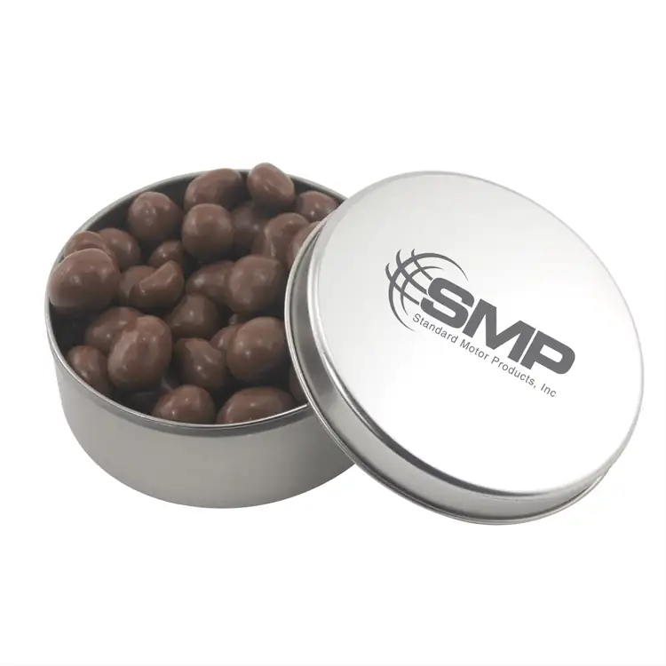 Boîte métallique ronde de arachides enrobées de chocolat 2-15/16 po