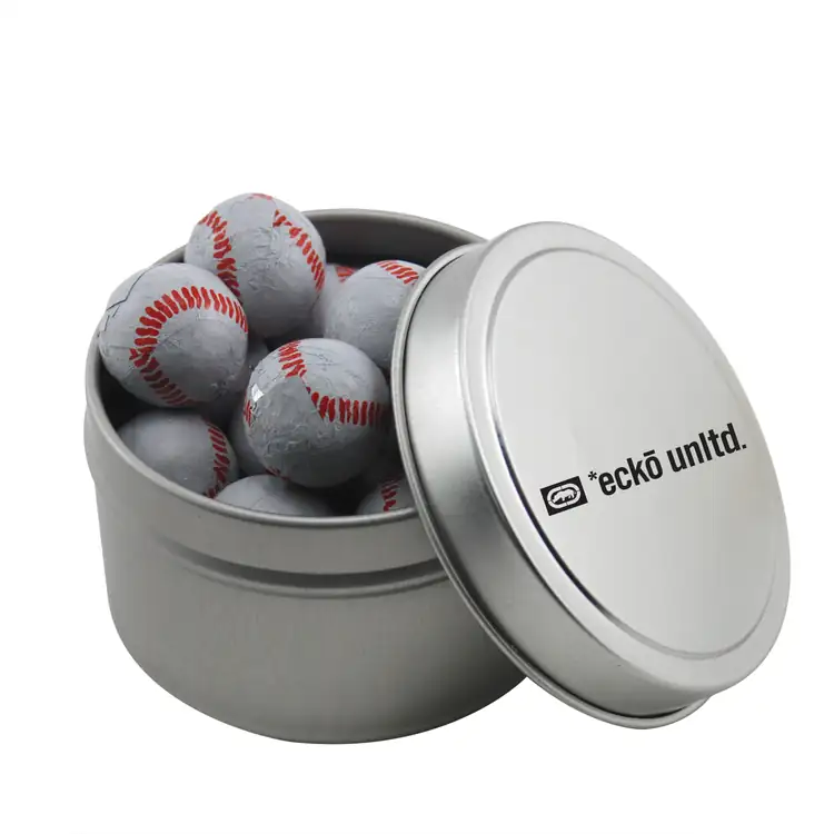 Boîte métallique ronde de chocolats en forme de balle de baseball 2-3/4 po