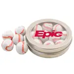 Boîte métallique ronde de chocolats en forme de balle de baseball 3-1/4 po
