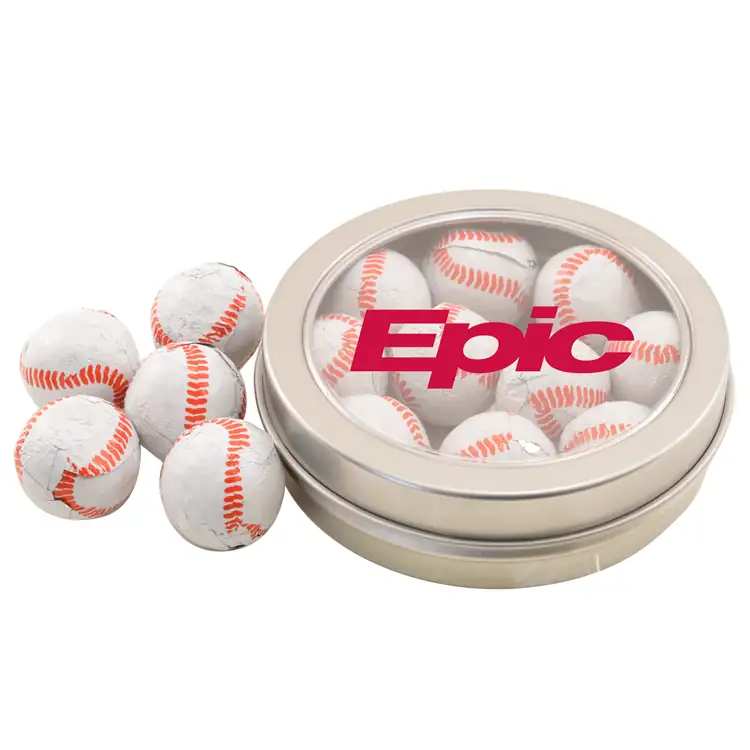 Boîte métallique ronde de chocolats en forme de balle de baseball 3-1/4 po