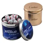 Boîte métallique ronde de chocolats en forme de balle de baseball 3-9/16 po