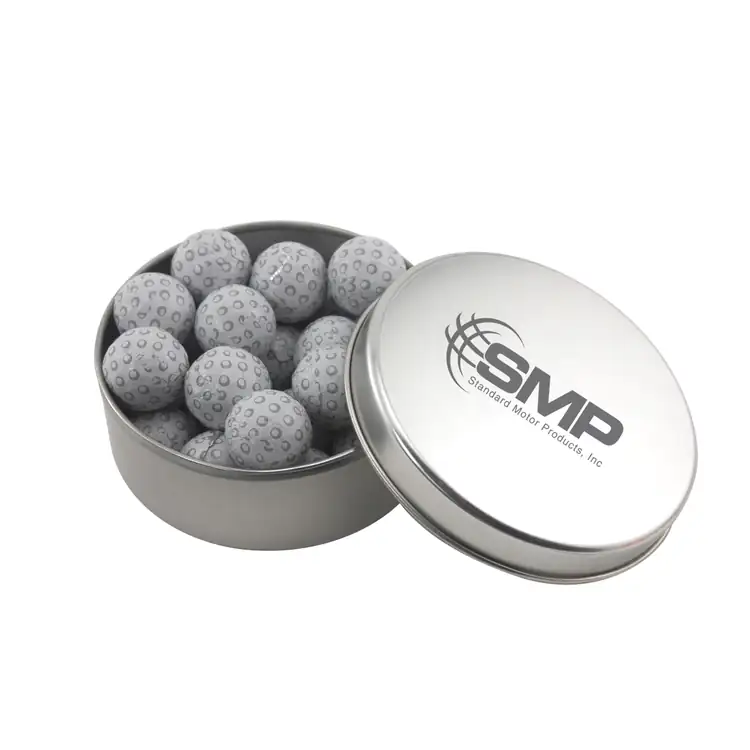 Boîte métallique ronde de chocolats en forme de balle de golf 2-15/16 po