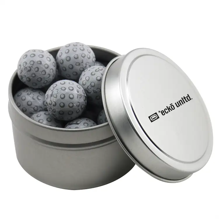 Boîte métallique ronde de chocolats en forme de balle de golf 2-3/4 po