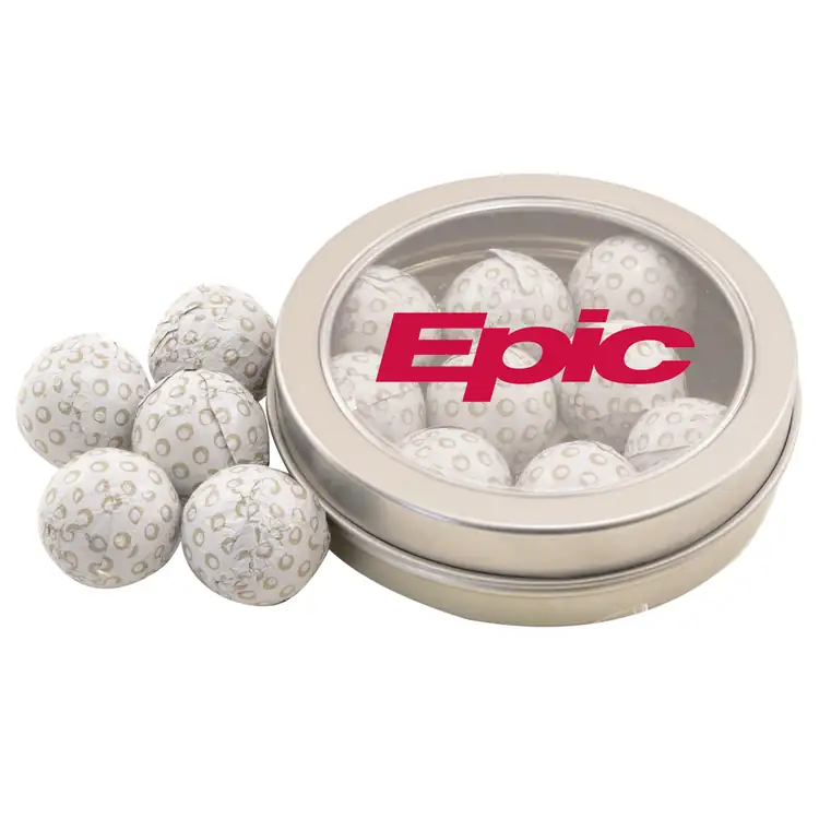 Boîte métallique ronde de chocolats en forme de balle de golf 3-1/4 po