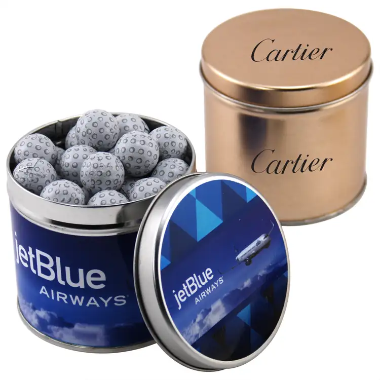 Boîte métallique ronde de chocolats en forme de balle de golf 3-9/16 po
