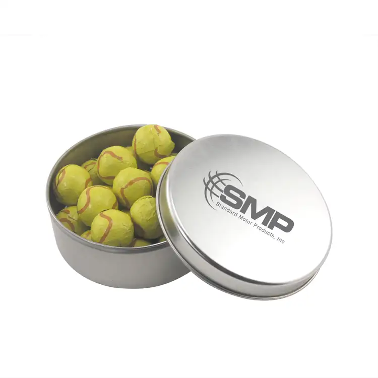 Boîte métallique ronde de chocolats en forme de balle de tennis 2-15/16 po