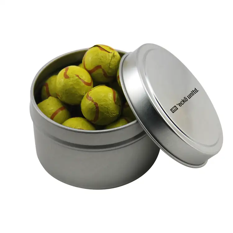 Boîte métallique ronde de chocolats en forme de balle de tennis 2-3/4 po