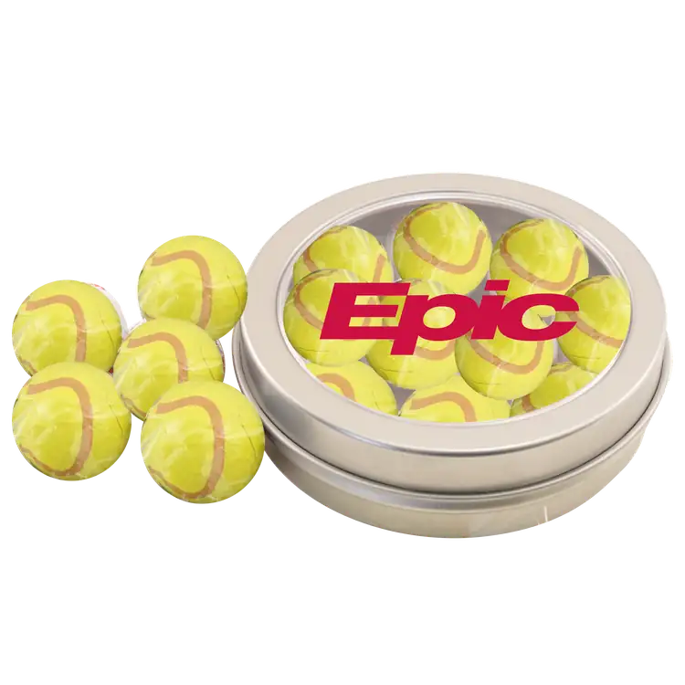 Boîte métallique ronde de chocolats en forme de balle de tennis 3-1/4 po