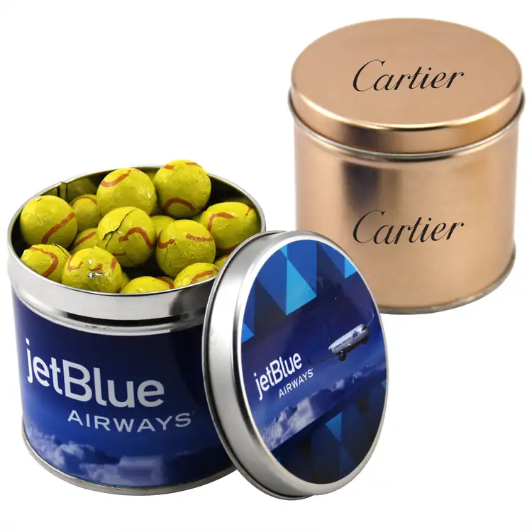 Boîte métallique ronde de chocolats en forme de balle de tennis 3-9/16 po