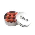 Boîte métallique ronde de chocolats en forme de ballon de basketball 2-15/16 po