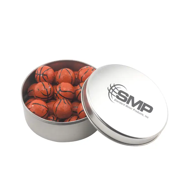 Boîte métallique ronde de chocolats en forme de ballon de basketball 2-15/16 po