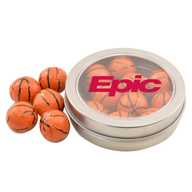 Boîte métallique ronde de chocolats en forme de ballon de basketball 3-1/4 po