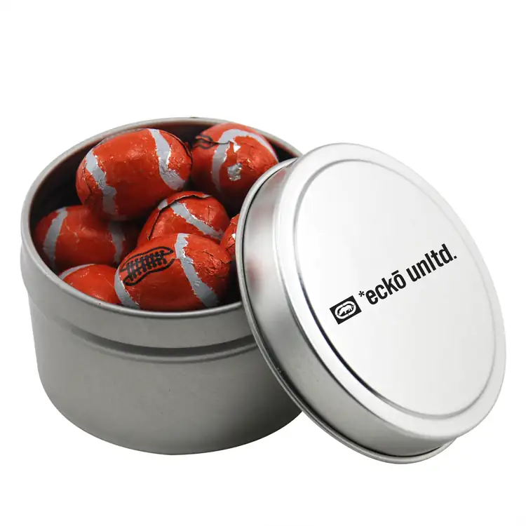 Boîte métallique ronde de chocolats en forme de ballon de football 2-3/4 po