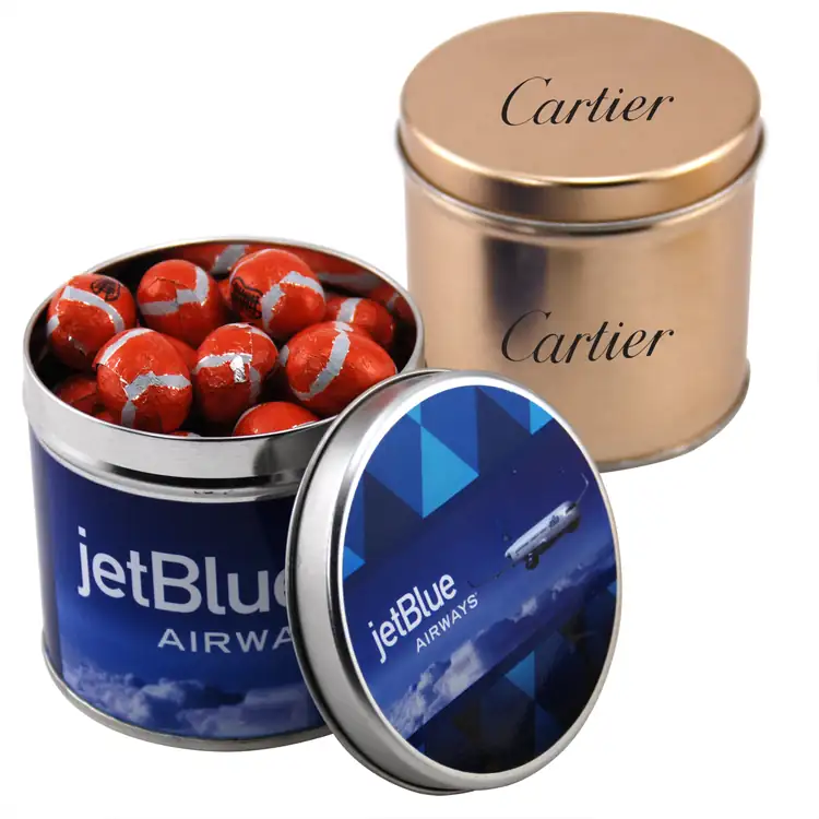 Boîte métallique ronde de chocolats en forme de ballon de football 3-9/16 po