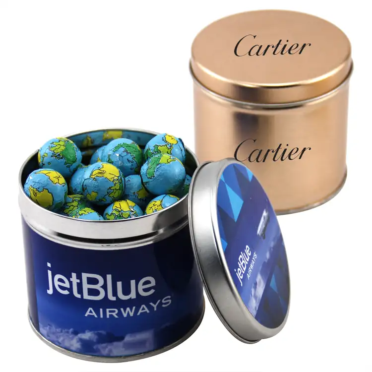 Boîte métallique ronde de chocolats en forme de globe 3-9/16 po